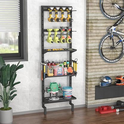 Bukfen Garage Tool Storage Rack, Wall Mount 5-Tier Heavy Duty Metal Organizer with 8 Drill Holder Slots, Adjustable Shelves, Side Hooks Workshop Utility 1 Pack Black Vertical Space-Saving Organization