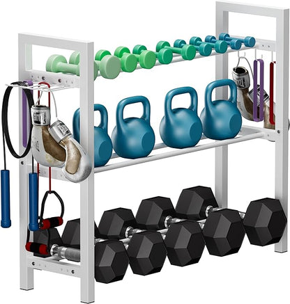 Adjustable Dumbbell Rack, Weight Storage Stand Holder for Dumbbells & Kettlebells, Heavy-Duty Metal Home Gym Workout Organizer with Hook for Gym Equipment Accessories (Rack Only)