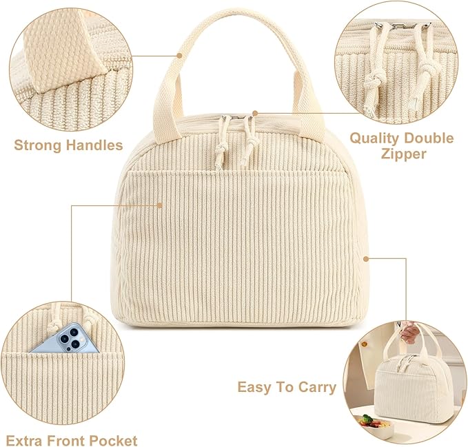 Bluboon Lunch Bag for Women Men Cute Corduroy Lunch Tote Bags Reusable Insulated Lunch Box Large Capacity Reusable Insulated Cooler for Work Picnic or Travel