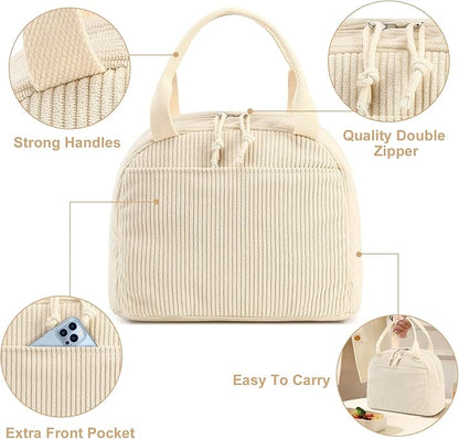 Bluboon Lunch Bag for Women Men Cute Corduroy Lunch Tote Bags Reusable Insulated Lunch Box Large Capacity Reusable Insulated Cooler for Work Picnic or Travel