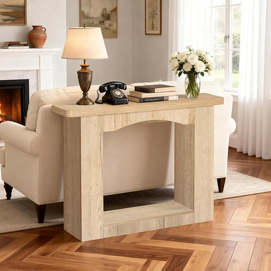 43 Inch Entryway Table U-Shaped Extension, 1.6 Inch Thick Desktop Wooden Console Table with Socket Farmhouse Sofa Table for Entrance, Hallway, Living Room,Behind Couch((Natural Brown)