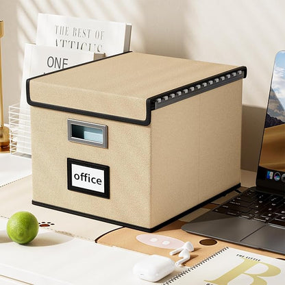 Huolewa File Organizer Box with Lid, Collapsible File Folder Organizer for Office Document Storage, Filing Box with Plastic Slide for Letter Size Hanging File Folders(1 Pack, Brown)