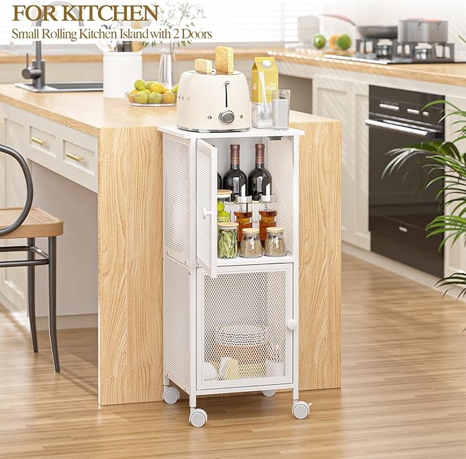 Small Bathroom Storage Cabinet with Movable Wheels, Wooden Bathroom Standing Shelf with 2 Metal Doors, Slim Bathroom Storage Cart for Small Spaces, Laundry, Kitchen, Narrow stand Storage Unit, White