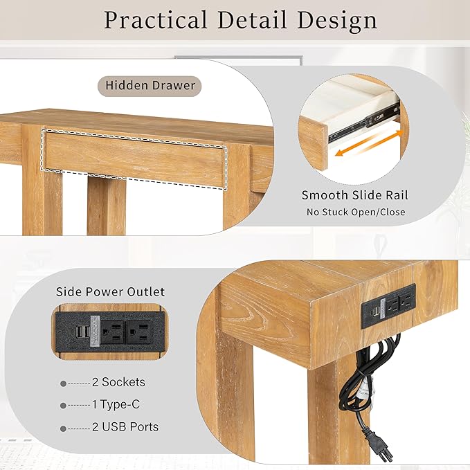 LUMISOL Sofa Table with Power Outlet, Rustic Console Table with Drawer, Wood Entryway Table for Entryways, Living Rooms, Home Office, Natural