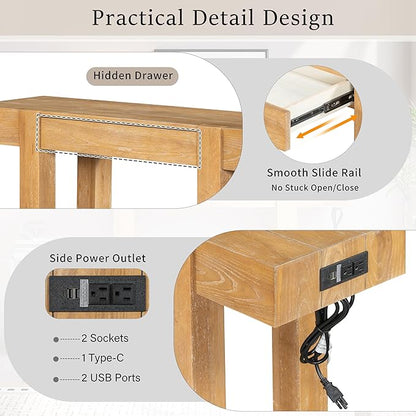 Rustic Minimalist Solid Wood Console Table with Hidden Drawer & Side Power Outlet – Entryway, Living Room, Home Office Furniture with 80mm Thick Legs & Spliced Tabletop Design (Natural)