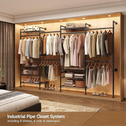 Wall Mounted Garment Rack, Industrial Pipe Metal Clothing Rack with 6 Hanging Rods (4 Expandable) & 8 Shelves, Closet Organizers and Storage System for Bedroom, Walk in Closet