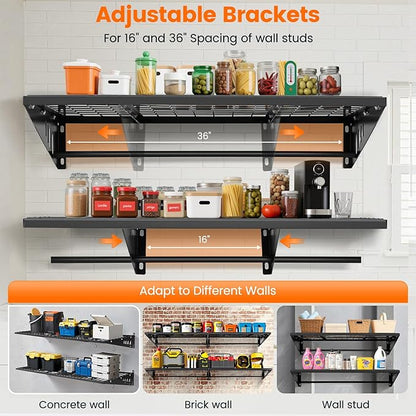 Garage Shelving 2x3ft 4-Pack, Garage Storage Rack 24"x36" Metal Shelves Black Wall Mounted with rods & 6 Hooks, Heavy Duty Wall Shelving Floating Shelves, 1200lbs Total load Capacity