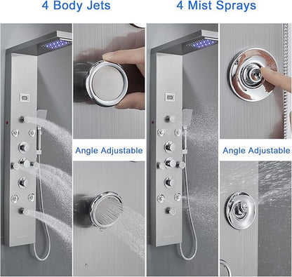 POPFLY LED Rainfall Waterfall Shower Panel Tower System, 4 Body Jets and 4 Mist Spray, 3-Function Handheld Shower, 304 Stainless Steel Shower Tower with Temp Display, Brushed
