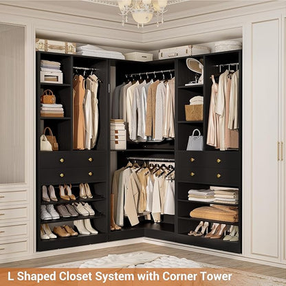 Closet System with 4 Drawers and Hanging Rods, 59.5"L / 87"L Closet Organizer System with Corner Tower, L Shaped Walk-in Closet System, Corner Closet System with Shelves, Set of 3, Black