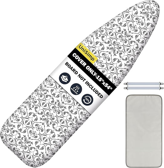 Ironing Board Cover and Pad 15"x54" Extra Thick Natural Cotton, Scorch and Stain Resistant Padding,Standard Size Iron Board Cover with Fasteners Heavy Duty Elastic Edge, Heatproof Ash