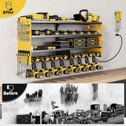 Large Power Tool Organizer Wall Mount with Charging Station,4 Layer Heavy Duty Metal Storage Rack Loads 600lbs with 8 Cordless Drill Holder,Battery Utility Rack Gift for Garage workshops Room