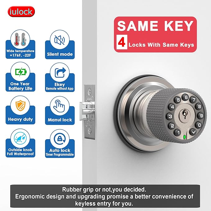 Smart Door Knob with Keypad and Key,Keyless Entry Door Lock with Rubber Grip, Auto Lock,50 User Code,Waterproof, Easy to Install and Program for Bedroom(Stain Nickel Same Key 4 Pack)