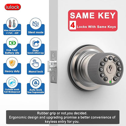 Smart Door Knob with Keypad and Key,Keyless Entry Door Lock with Rubber Grip, Auto Lock,50 User Code,Waterproof, Easy to Install and Program for Bedroom(Stain Nickel Same Key 4 Pack)