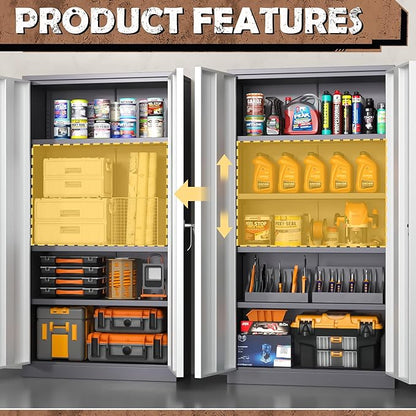 INTERGREAT Metal Lockable Storage Cabinet, 72” H Storage Cabinets with 2 Doors and 4 Adjustable Shelves for Office, Home, Garage, Pantry (Assembly Required, Gray White)