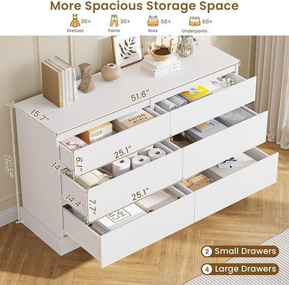 DICTAC 6 Drawers Dresser for Bedroom, White Modern Chest of Drawers, Storage Tower Clothes Organizer Closet, Long Double Dresser with No Handle Drawers, Dimensions 51.6''L x 15.7''D x 29.3''H