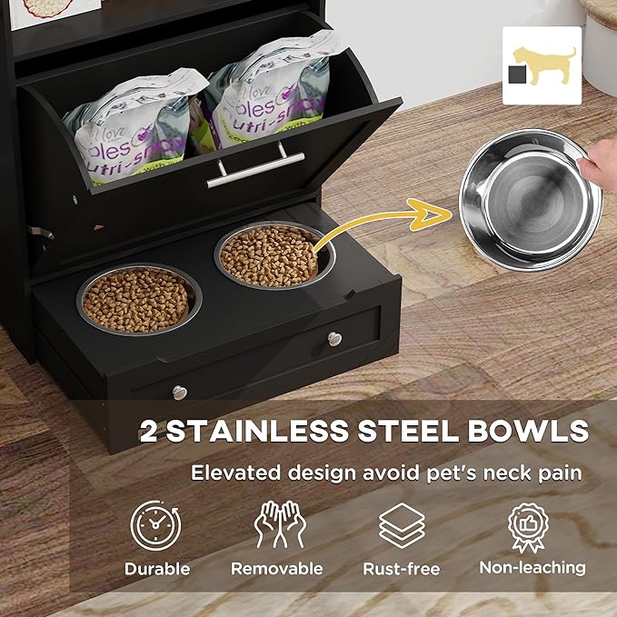 PawHut Dog Feeding Station with Raised Bowls & Storage Cabinet, Pet Feeder Cabinet Container with Hanger for Feeding & Watering Supplies, Dog Food Organizer, Black