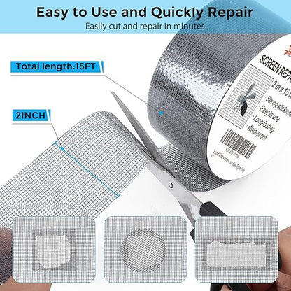 Grey Window Screen Repair Tape, 2IN X 15FT (180IN) Screen Repair Kit for Windows or Doors, Strong Adhesive Patch Kit Fiberglass Mesh Tape