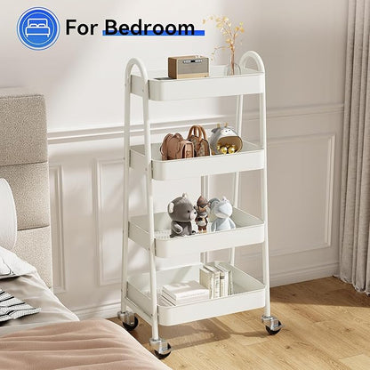 OLIXIS 4 Tier Utility Rolling Cart, Metal Mobile Storage Shelf with Lockable Caster Wheels, Organization for Livingroom, Bathroom & Narrow Places, 4-Tier White