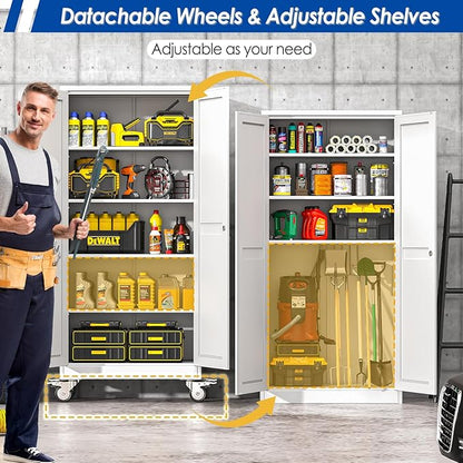 Metal Garage Storage Cabinet with Lock, Steel Tool Cabinet with 2 Door and 4 Adjustable Shelves, 71” Tall Lockable File Cabinet with Wheels, Rolling Cabinet for Home Office Garage Gym - White