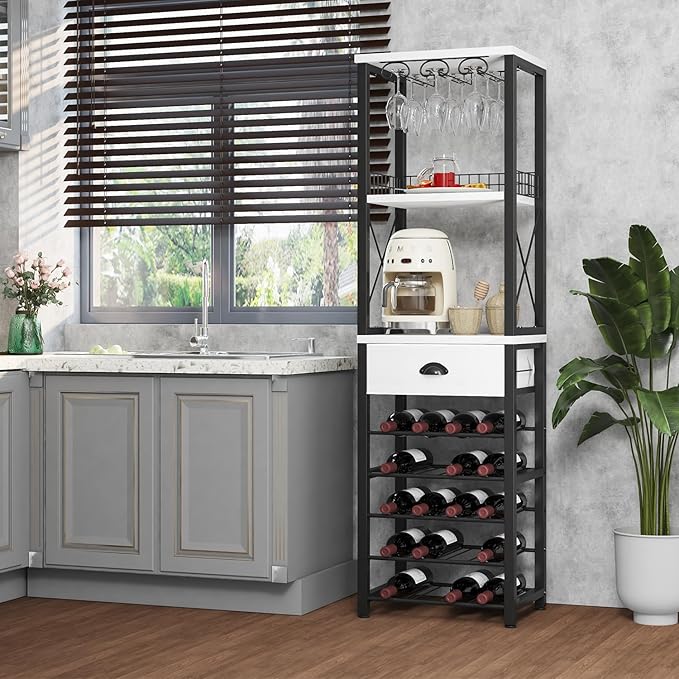Homeiju Wine Rack Freestanding Floor, Bar Cabinet for Liquor and Glasses, 4-Tier bar Cabinet with Tabletop, Glass Holder, Storage Drawer and Wine Storage for Home Bar(Patent No.D1009580)