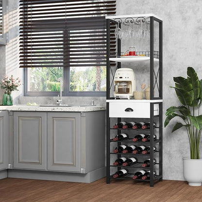 Homeiju Wine Rack Freestanding Floor, Bar Cabinet for Liquor and Glasses, 4-Tier bar Cabinet with Tabletop, Glass Holder, Storage Drawer and Wine Storage for Home Bar(Patent No.D1009580)