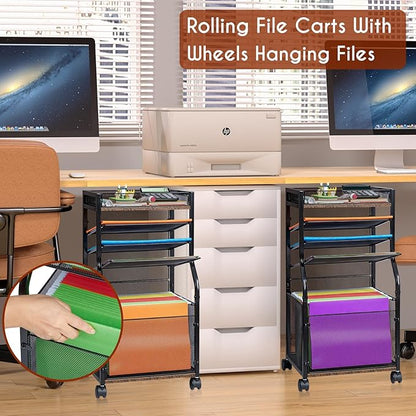5-Tier Rolling File Cart with Hanging File Folders, Mobile Desk File Organizer on Lockable Wheels, Wood & Mesh Paper Letter Sliding Trays Organization for Office, Home, School, Patent