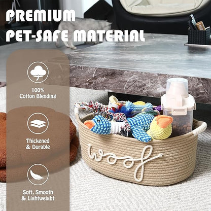 Sea Team Dog Toy Storage Basket with Handles, 16.5 x 11 x 7 Inches, 4.4 Gallons Large Cotton Rope Storage Bin, Shelf Basket, Organizer for Pet Chew Toys, Foods, Beige Woof