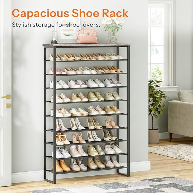 HOOBRO 10-Tier Shoe Rack for Entryway, 39.4" L Shoe Storage Organizer, Large Capacity Shoe Shelf for Closet, Front Door Entrance, Hallway, Holds 45-50 Pairs of Shoes, Greige and Black BG171XJ01