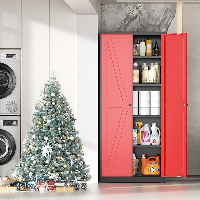 INTERGRAET 63" H Pantry Cabinet, Kitchen Pantry Storage Cabinets with 2 Doors and 4 Shelves, Metal Storage Cabinet,Cupboard for Home,Kitchen,Living Room/Dining, Black Red