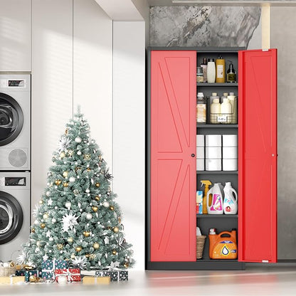 INTERGRAET 63" H Pantry Cabinet, Kitchen Pantry Storage Cabinets with 2 Doors and 4 Shelves, Metal Storage Cabinet,Cupboard for Home,Kitchen,Living Room/Dining, Black Red