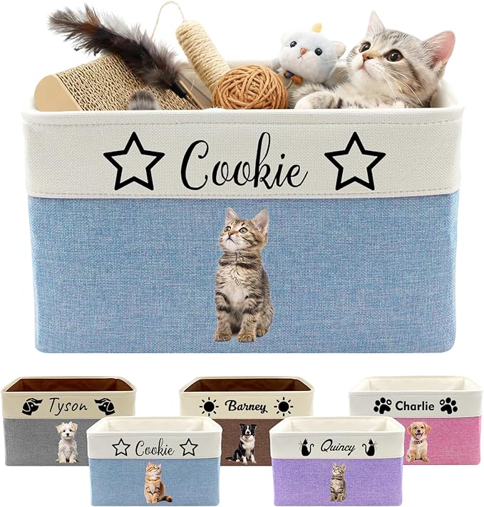 Personalized Dog Toy Basket with Name Photo Custom Dog Food Storage Bins Collapsible Organizer for Toys Dolls Clothing-Blue