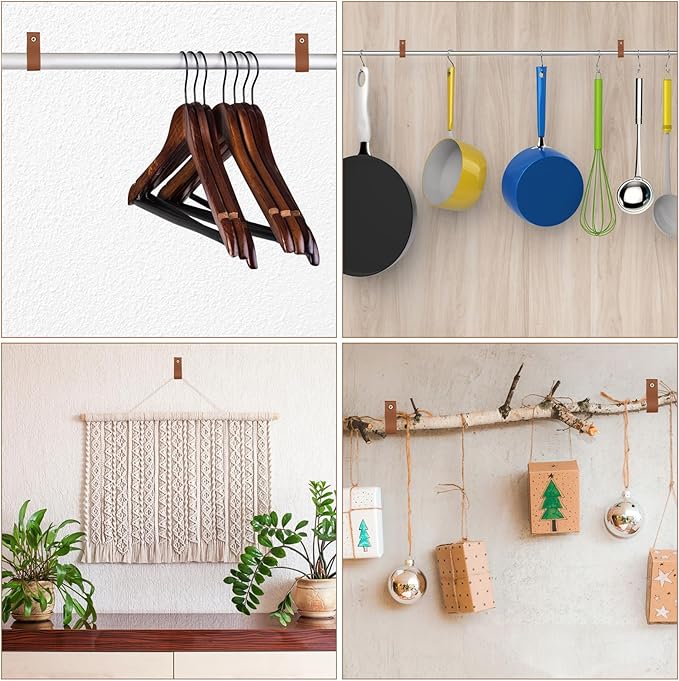 6 Pcs PU Leather Wall Hooks Curtain Rod Hanging Straps Towel Holder Hanger Cabinet Handle Loop Storage Supplies Boho Style Decor for Bathroom Kitchen Bedroom