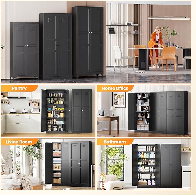 71" Tall Kitchen Pantry Storage Cabinet with 2 Doors and 5 Adjustable Shelve, Metal Black Food Pantry Cabinet, Kitchen Cabinet Storage Unit,6 Tier Freestanding Cupboard for Kitchen Dining/Living Room