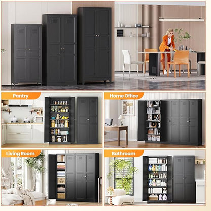 71" Tall Kitchen Pantry Storage Cabinet with 2 Doors and 5 Adjustable Shelve, Metal Black Food Pantry Cabinet, Kitchen Cabinet Storage Unit,6 Tier Freestanding Cupboard for Kitchen Dining/Living Room