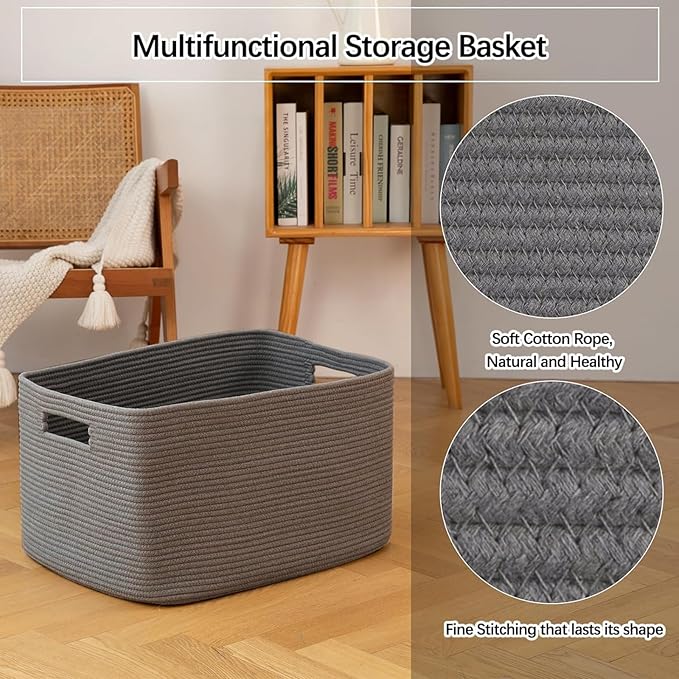 OIAHOMY XXLarge Rectangle Blanket Basket-96L, Cotton Woven Basket for Storage, Dirty Clothes Basket for Living Room, Nursery, Bedroom, Toy Organizing with Handle, 24" x 16" x 15", Dark Grey