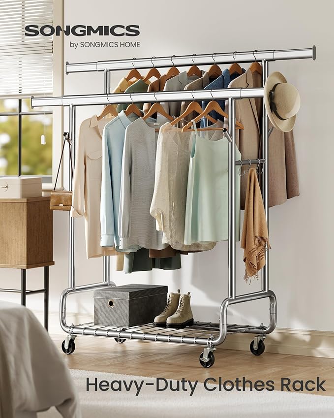 SONGMICS Clothes Rack, Heavy-Duty Rolling Clothing Garment Rack with Wheels, Extendable Double Hanging Rods and Adjustable Height, Portable, with Shelf and Hooks, Silver UHSR015E01