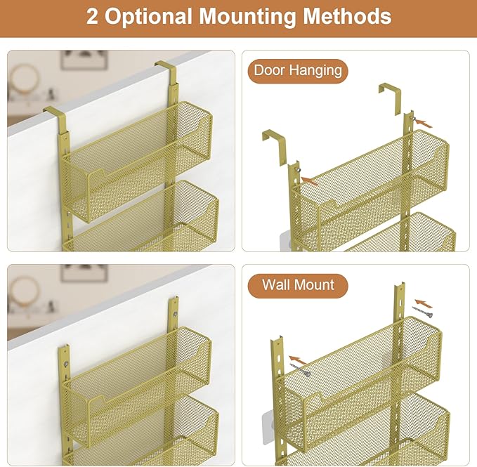 Over The Door Organizer, Metal Door Organizer Hanging with 5 Adjustable Baskets and Coat Hook, Behind The Door Storage for Bedroom Closet Bathroom Pantry Cabinet Kitchen, Gold