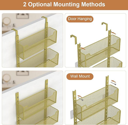 Over The Door Organizer, Metal Door Organizer Hanging with 5 Adjustable Baskets and Coat Hook, Behind The Door Storage for Bedroom Closet Bathroom Pantry Cabinet Kitchen, Gold