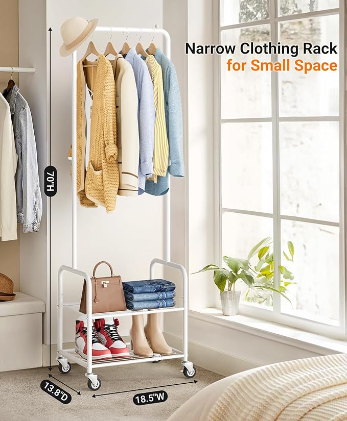 AOODA Small Clothes Rack with Shelves, Metal Sturdy Rolling Clothing Racks for Hanging Clothes, Portable Garment Rack with Wheels for Shirts, Coats, Shoes, Bags (White)