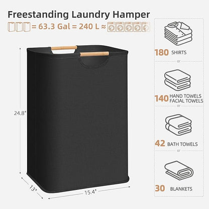 STORAGE MANIAC 3-Pack Large Laundry Hamper, 80L (21.1 Gal) Collapsible Laundry Basket with Bamboo Handles, Freestanding Waterproof Clothes Hamper for Laundry Room, Bedroom, Dorm, Towels, Toys, Black