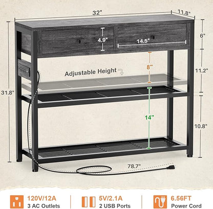 Ecoprsio Entryway Table with Outlets and USB Ports, Small Console Table with 2 Drawers, Sofa Table with Storage Shelves for Living Room, Couch, Hallway, Foyer, Kitchen Counter, 32'', Grey Oak