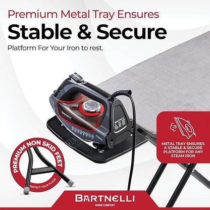 Bartnelli Extreme Stability Ironing Board 43x13 Upgraded Heavy-Duty Metal Frame & Iron Rest, Height Adjustable, Foldable, 4 Non-Skid Feet, 4-Layer Cover & Pad, Made with Patent European Engineering
