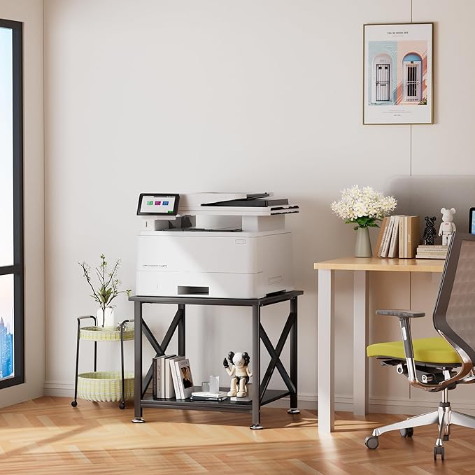 Printer Stand, 23.6 x 23.6 Inches Large Printer Stand with Storage Shelf, 2 Tier Printer Table for Home Office, Rolling Printer Cart with Industrial Wheels, Mini Fridge Stand Table, Black
