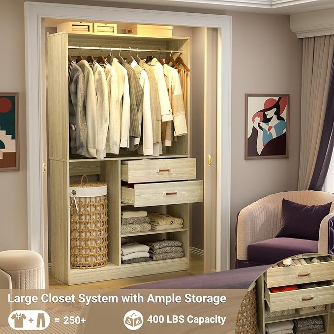 Armocity Freestanding Closet System with Suitcase Storage, 40 Inches Stand-alone Wardrobe with 2 Wood Drawers, 80'' Height Adjustable Cloth Garment Rack, Walk-in Closet with Hanging Rod, White Oak