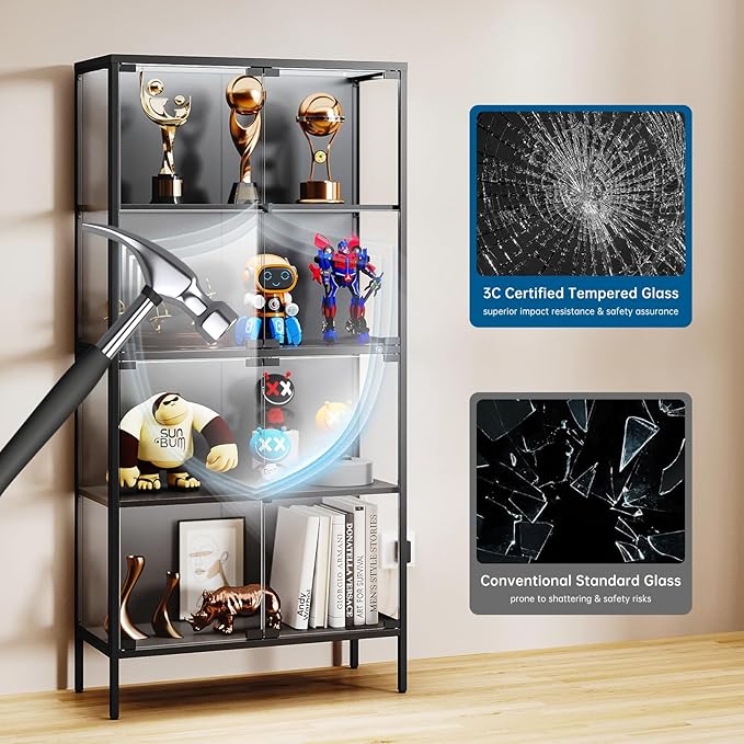 65" Glass Display Cabinet with 3-Color LED Light, Display Case with 4 Tempered Glass Doors and Shelves, Metal Frame Curio Storage Cabinet for Collectibles, Figures, Awards, Book, Toy (Black)