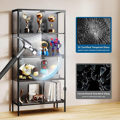 65" Glass Display Cabinet with 3-Color LED Light, Display Case with 4 Tempered Glass Doors and Shelves, Metal Frame Curio Storage Cabinet for Collectibles, Figures, Awards, Book, Toy (Black)