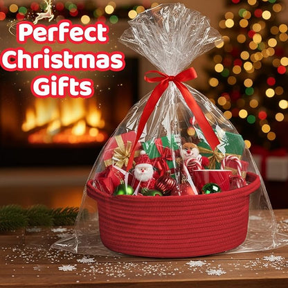 Small Woven Red Gifts Basket for Storage Empty with Ribbons and Bags Durable Cute Gifts 12"X 8" X 5" Small Rope Basket for Gifting