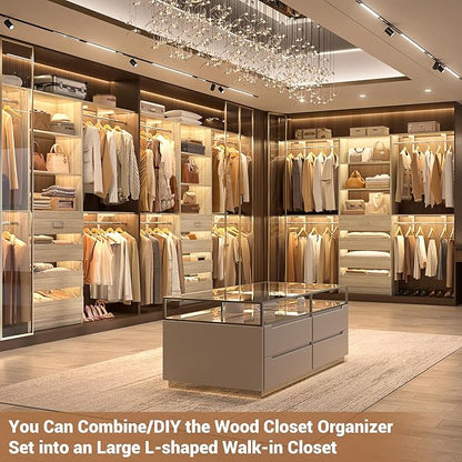 Aheaplus Closet System with Drawers Set of 2, Wood Closet Organizer System with 8 Hanging Rods & Top Shelves, Walk-in Closets Organizer Wardrobe Clothes Rack, Cut Fits Spaces 4-9FT. Wide, White Oak