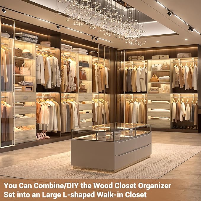 Aheaplus Closet System with Drawers Set of 2, Wood Closet Organizer System with 8 Hanging Rods & Top Shelves, Walk-in Closets Organizer Wardrobe Clothes Rack, Cut Fits Spaces 4-9FT. Wide, White Oak1