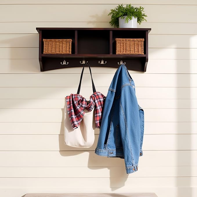 Shaker Cottage Wall-Mounted Coat Rack with 3 Storage Cubbies and 4 Hooks – Space-Saving Storage Rack and Wall Shelf Organizer for Entryway, Hallway, or Mudroom by Alaterre Furniture (Espresso Finish)